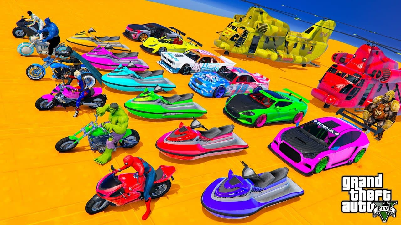 GTA V Awesome Double Mega Ramps by Sport Cars, Jet Skis & Motorcycles with Spiderman & Superherors poster
